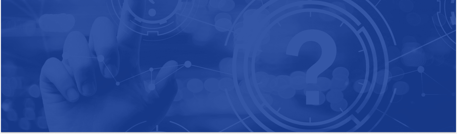 Smiling young woman using laptop next to FAQ icons and question marks on blue background